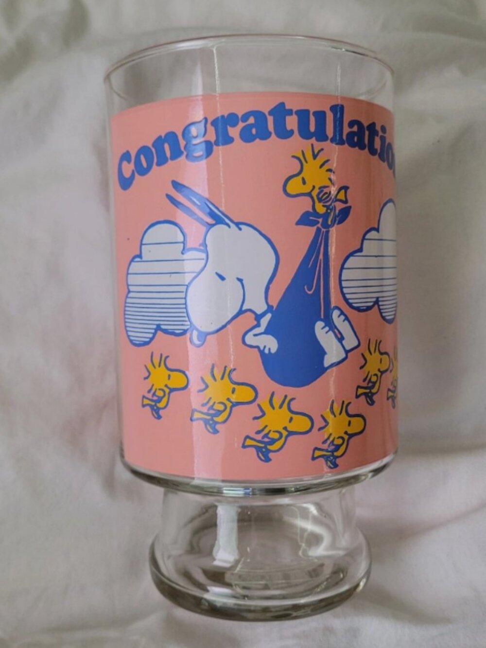 Vintage Peanuts Snoopy Woodstock Congratulations Large Glass Vase Baby Shower 65